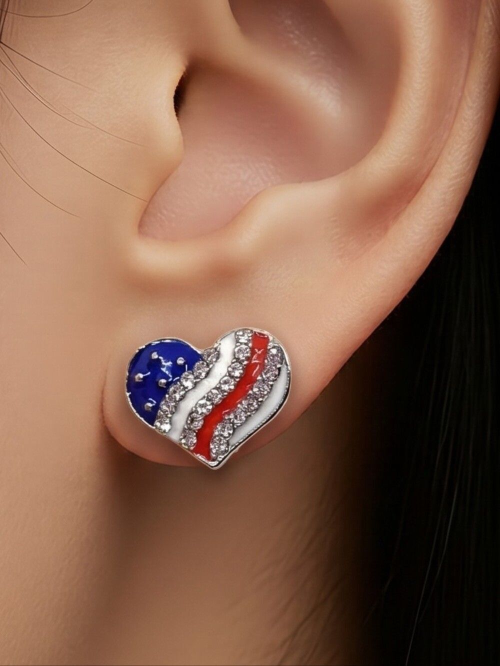 American Flag Heart Earrings USA Patriotic Studs Stars Stripes Jewelry Americana
